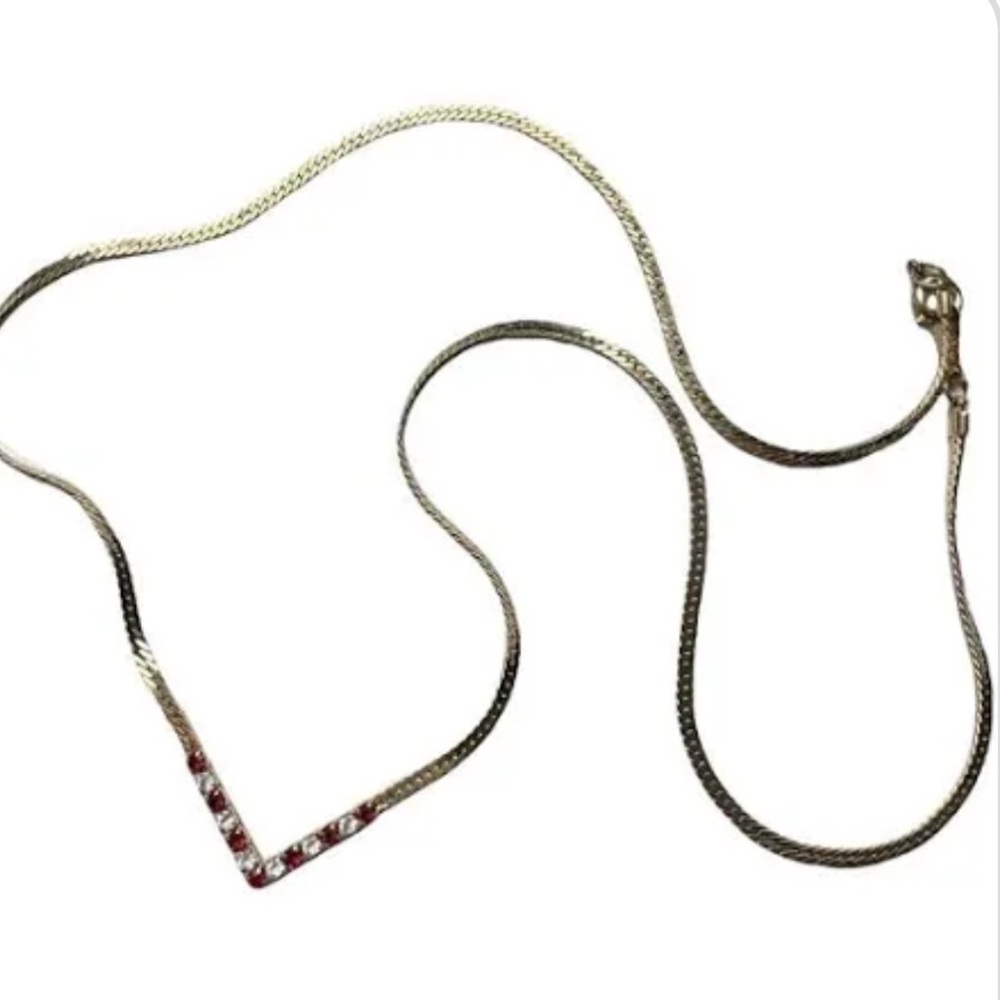 Vintage Monet Gold Paved Ruby Crystal V Bar Necklace